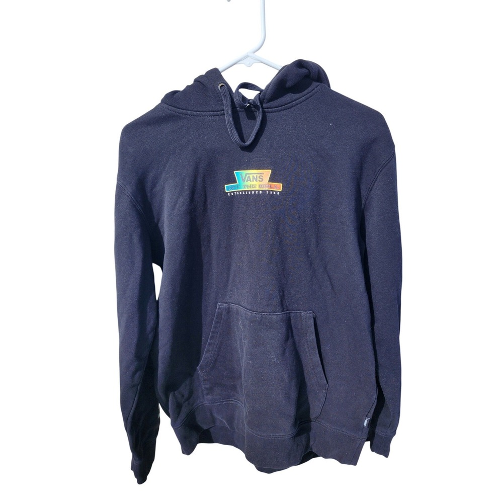 Vans Off The Wall Mens Small Black Hoodie Rainbow Flame Checkerboard Sleeve Logo